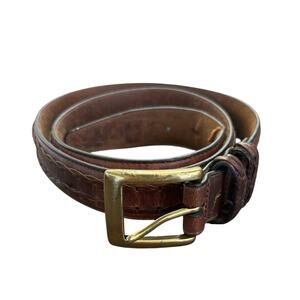 Vintage 1970s Men's Brown Leather Belt Braided Inlay Gold Tone Buckle Size 34-36